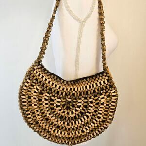 Cato Vintage Wood Beaded Boho Retro Brown Half Circle‎ shoulder purse